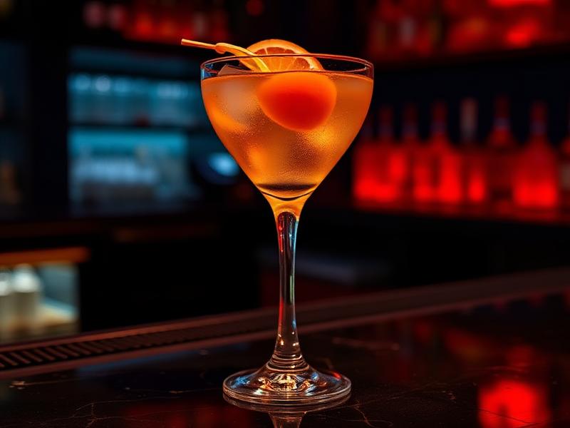 Coquetel japonês autoral em taça sobre o balcão do bar